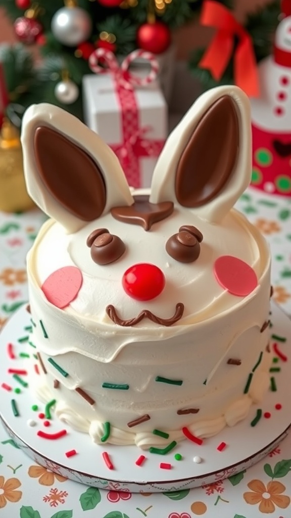 A cheerful Christmas Pochacco cake with buttercream frosting, chocolate ears, and festive decorations.